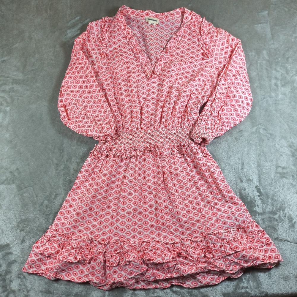 Zadig Voltaire Mini Dress Womens Medium Evil Eye Print Long Sleeve Ruffle Boho